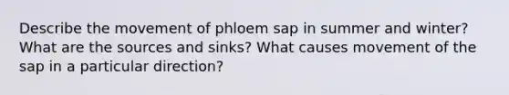 Describe the movement of phloem sap in summer and winter? What are the sources and sinks? What causes movement of the sap in a particular direction?