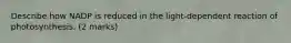 Describe how NADP is reduced in the light-dependent reaction of photosynthesis. (2 marks)