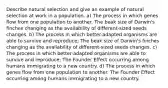 Describe natural selection and give an example of natural selection at work in a population. a) The process in which genes flow from one population to another. The beak size of Darwin's finches changing as the availability of different-sized seeds changes. b) The process in which better-adapted organisms are able to survive and reproduce; The beak size of Darwin's finches changing as the availability of different-sized seeds changes. c) The process in which better-adapted organisms are able to survive and reproduce; The Founder Effect occurring among humans immigrating to a new country. d) The process in which genes flow from one population to another. The Founder Effect occurring among humans immigrating to a new country.