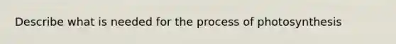 Describe what is needed for the <a href='https://www.questionai.com/knowledge/kZdL6DGYI4-process-of-photosynthesis' class='anchor-knowledge'>process of photosynthesis</a>