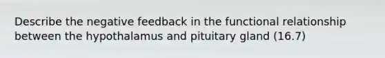 Describe the negative feedback in the functional relationship between the hypothalamus and pituitary gland (16.7)