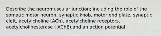 Describe the neuromuscular junction; including the role of the somatic motor neuron, synaptic knob, motor end plate, synaptic cleft, acetylcholine (ACh), acetylcholine receptors, acetylcholinesterase ( AChE),and an action potential