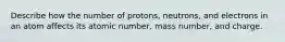 Describe how the number of protons, neutrons, and electrons in an atom affects its atomic number, mass number, and charge.