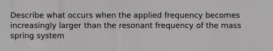 Describe what occurs when the applied frequency becomes increasingly larger than the resonant frequency of the mass spring system