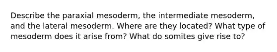 Describe the paraxial mesoderm, the intermediate mesoderm, and the lateral mesoderm. Where are they located? What type of mesoderm does it arise from? What do somites give rise to?