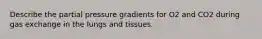 Describe the partial pressure gradients for O2 and CO2 during gas exchange in the lungs and tissues.