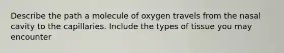 Describe the path a molecule of oxygen travels from the nasal cavity to the capillaries. Include the types of tissue you may encounter