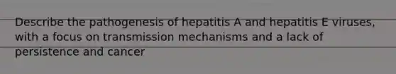 Describe the pathogenesis of hepatitis A and hepatitis E viruses, with a focus on transmission mechanisms and a lack of persistence and cancer