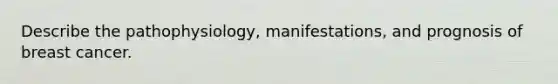 Describe the pathophysiology, manifestations, and prognosis of breast cancer.