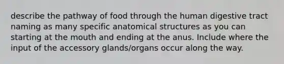 describe the pathway of food through the human digestive tract naming as many specific anatomical structures as you can starting at the mouth and ending at the anus. Include where the input of the accessory glands/organs occur along the way.