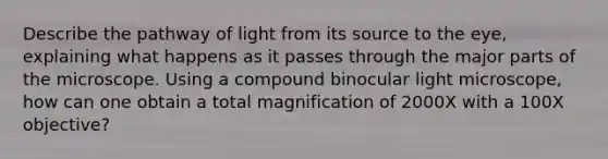 Describe the pathway of light from its source to the eye, explaining what happens as it passes through the major parts of the microscope. Using a compound binocular light microscope, how can one obtain a total magnification of 2000X with a 100X objective?