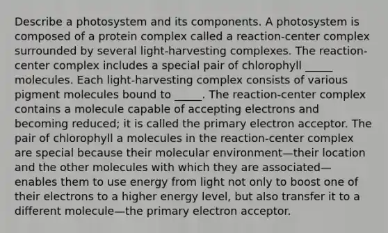 Describe a photosystem and its components. A photosystem is composed of a protein complex called a reaction-center complex surrounded by several light-harvesting complexes. The reaction-center complex includes a special pair of chlorophyll _____ molecules. Each light-harvesting complex consists of various pigment molecules bound to _____. The reaction-center complex contains a molecule capable of accepting electrons and becoming reduced; it is called the primary electron acceptor. The pair of chlorophyll a molecules in the reaction-center complex are special because their molecular environment—their location and the other molecules with which they are associated—enables them to use energy from light not only to boost one of their electrons to a higher energy level, but also transfer it to a different molecule—the primary electron acceptor.