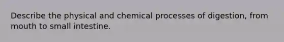 Describe the physical and chemical processes of digestion, from mouth to small intestine.