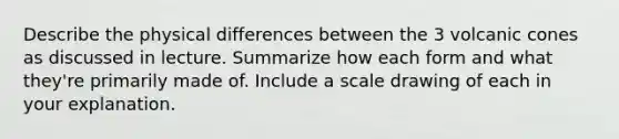 Describe the physical differences between the 3 volcanic cones as discussed in lecture. Summarize how each form and what they're primarily made of. Include a scale drawing of each in your explanation.