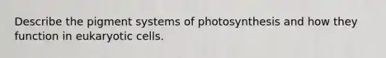 Describe the pigment systems of photosynthesis and how they function in <a href='https://www.questionai.com/knowledge/kb526cpm6R-eukaryotic-cells' class='anchor-knowledge'>eukaryotic cells</a>.