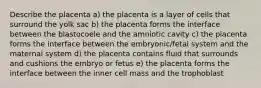 Describe the placenta a) the placenta is a layer of cells that surround the yolk sac b) the placenta forms the interface between the blastocoele and the amniotic cavity c) the placenta forms the interface between the embryonic/fetal system and the maternal system d) the placenta contains fluid that surrounds and cushions the embryo or fetus e) the placenta forms the interface between the inner cell mass and the trophoblast