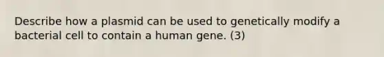 Describe how a plasmid can be used to genetically modify a bacterial cell to contain a human gene. (3)