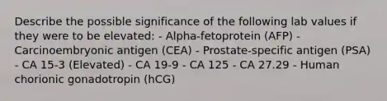 Describe the possible significance of the following lab values if they were to be elevated: - Alpha-fetoprotein (AFP) - Carcinoembryonic antigen (CEA) - Prostate-specific antigen (PSA) - CA 15-3 (Elevated) - CA 19-9 - CA 125 - CA 27.29 - Human chorionic gonadotropin (hCG)