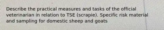 Describe the practical measures and tasks of the official veterinarian in relation to TSE (scrapie). Specific risk material and sampling for domestic sheep and goats