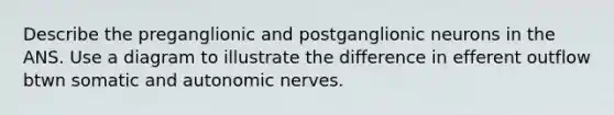 Describe the preganglionic and postganglionic neurons in the ANS. Use a diagram to illustrate the difference in efferent outflow btwn somatic and autonomic nerves.