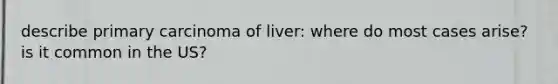 describe primary carcinoma of liver: where do most cases arise? is it common in the US?