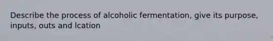 Describe the process of alcoholic fermentation, give its purpose, inputs, outs and lcation