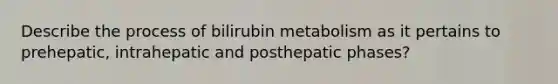 Describe the process of bilirubin metabolism as it pertains to prehepatic, intrahepatic and posthepatic phases?