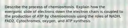 Describe the process of chemiosmosis. Explain how the exergonic slide of electrons down the electron chain is coupled to the production of ATP by chemiosmosis using the roles of NADH, FAD2, Cytochromes, oxygen, and ATP synthesis