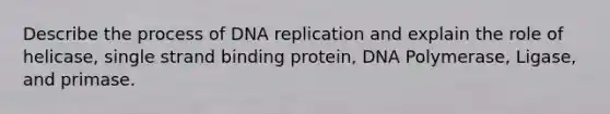 Describe the process of <a href='https://www.questionai.com/knowledge/kofV2VQU2J-dna-replication' class='anchor-knowledge'>dna replication</a> and explain the role of helicase, single strand binding protein, DNA Polymerase, Ligase, and primase.