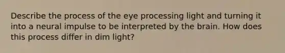 Describe the process of the eye processing light and turning it into a neural impulse to be interpreted by the brain. How does this process differ in dim light?