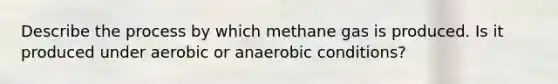 Describe the process by which methane gas is produced. Is it produced under aerobic or anaerobic conditions?