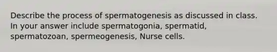 Describe the process of spermatogenesis as discussed in class. In your answer include spermatogonia, spermatid, spermatozoan, spermeogenesis, Nurse cells.