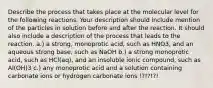 Describe the process that takes place at the molecular level for the following reactions. Your description should include mention of the particles in solution before and after the reaction. It should also include a description of the process that leads to the reaction. a.) a strong, monoprotic acid, such as HNO3, and an aqueous strong base, such as NaOH b.) a strong monoprotic acid, such as HCl(aq), and an insoluble ionic compound, such as Al(OH)3 c.) any monoprotic acid and a solution containing carbonate ions or hydrogen carbonate ions !?!?!?!