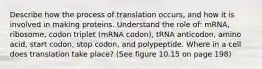 Describe how the process of translation occurs, and how it is involved in making proteins. Understand the role of: mRNA, ribosome, codon triplet (mRNA codon), tRNA anticodon, amino acid, start codon, stop codon, and polypeptide. Where in a cell does translation take place? (See figure 10.15 on page 198)