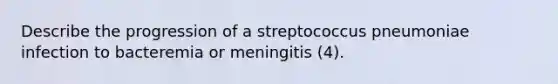 Describe the progression of a streptococcus pneumoniae infection to bacteremia or meningitis (4).