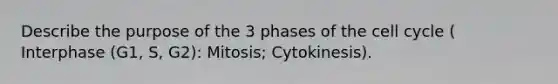 Describe the purpose of the 3 phases of the cell cycle ( Interphase (G1, S, G2): Mitosis; Cytokinesis).