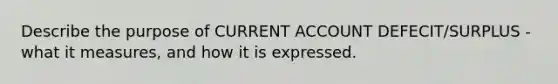 Describe the purpose of CURRENT ACCOUNT DEFECIT/SURPLUS - what it measures, and how it is expressed.