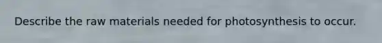 Describe the raw materials needed for photosynthesis to occur.