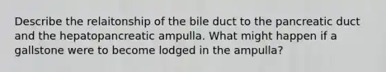 Describe the relaitonship of the bile duct to the pancreatic duct and the hepatopancreatic ampulla. What might happen if a gallstone were to become lodged in the ampulla?