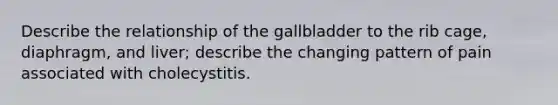 Describe the relationship of the gallbladder to the rib cage, diaphragm, and liver; describe the changing pattern of pain associated with cholecystitis.