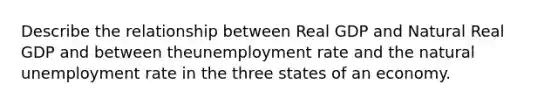 Describe the relationship between Real GDP and Natural Real GDP and between the<a href='https://www.questionai.com/knowledge/kh7PJ5HsOk-unemployment-rate' class='anchor-knowledge'>unemployment rate</a> and the natural unemployment rate in the three states of an economy.