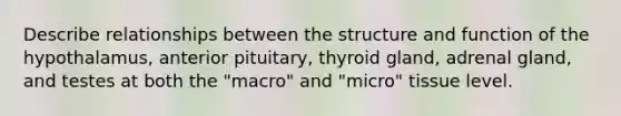 Describe relationships between the structure and function of the hypothalamus, anterior pituitary, thyroid gland, adrenal gland, and testes at both the "macro" and "micro" tissue level.