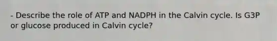 - Describe the role of ATP and NADPH in the Calvin cycle. Is G3P or glucose produced in Calvin cycle?