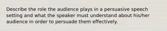 Describe the role the audience plays in a persuasive speech setting and what the speaker must understand about his/her audience in order to persuade them effectively.