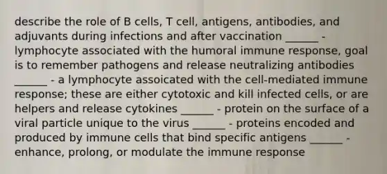 describe the role of B cells, T cell, antigens, antibodies, and adjuvants during infections and after vaccination ______ - lymphocyte associated with the humoral immune response, goal is to remember pathogens and release neutralizing antibodies ______ - a lymphocyte assoicated with the cell-mediated immune response; these are either cytotoxic and kill infected cells, or are helpers and release cytokines ______ - protein on the surface of a viral particle unique to the virus ______ - proteins encoded and produced by immune cells that bind specific antigens ______ - enhance, prolong, or modulate the immune response