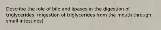 Describe the role of bile and lipases in the digestion of triglycerides. (digestion of triglycerides from the mouth through small intestines)