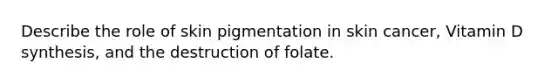 Describe the role of skin pigmentation in skin cancer, Vitamin D synthesis, and the destruction of folate.