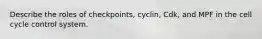 Describe the roles of checkpoints, cyclin, Cdk, and MPF in the cell cycle control system.