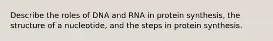 Describe the roles of DNA and RNA in protein synthesis, the structure of a nucleotide, and the steps in protein synthesis.