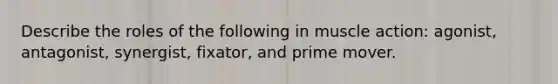 Describe the roles of the following in muscle action: agonist, antagonist, synergist, fixator, and prime mover.